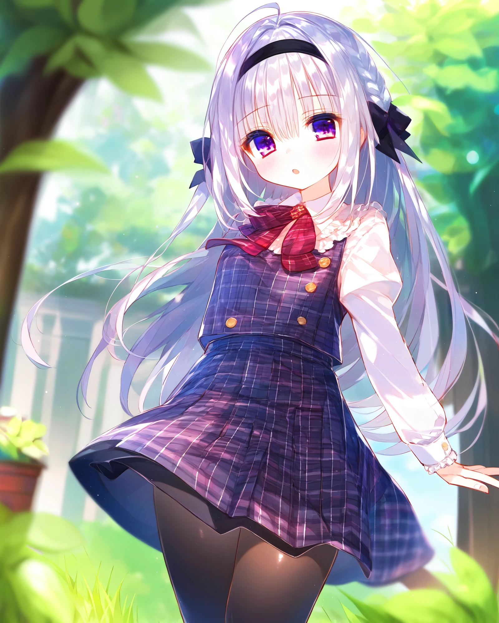 <lora:manami-000012:0.65>,masterpiece,ultrahigh_details,best_quality,(blurry background:1.3),(manami),(1girl),(solo),(long hair),(silver hair),(purple eyes:0.8),(blush:0.8),looking_at_viewer,full body,standing,school uniform,black legwear,park,grass,tree,