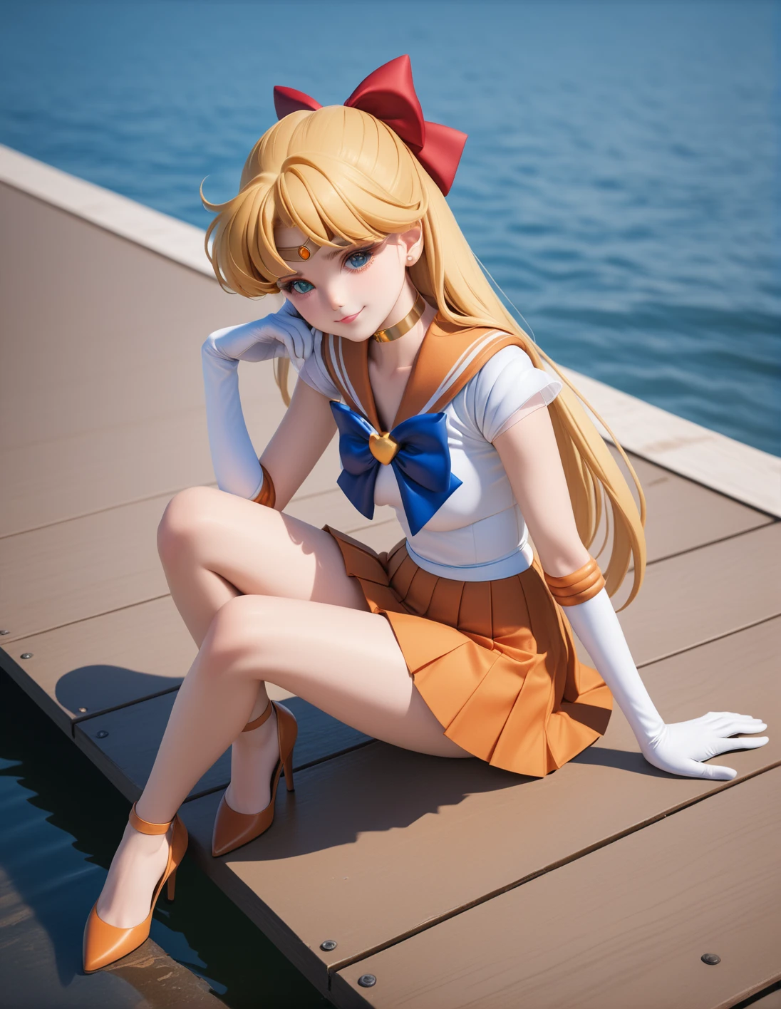 best quality, ultra-detailed, ,1girl, solo,<lora:sdxl-sailor-venus-v3:1>, sailorvenus, xsuperuniformx, (heartbrooch:0.3), choker,blonde hair, hair bow , gloves, pleated orange skirt, sitting, heels, ,,, <lora:ALTXL_001_4:2>, :3, BREAK on a jetty