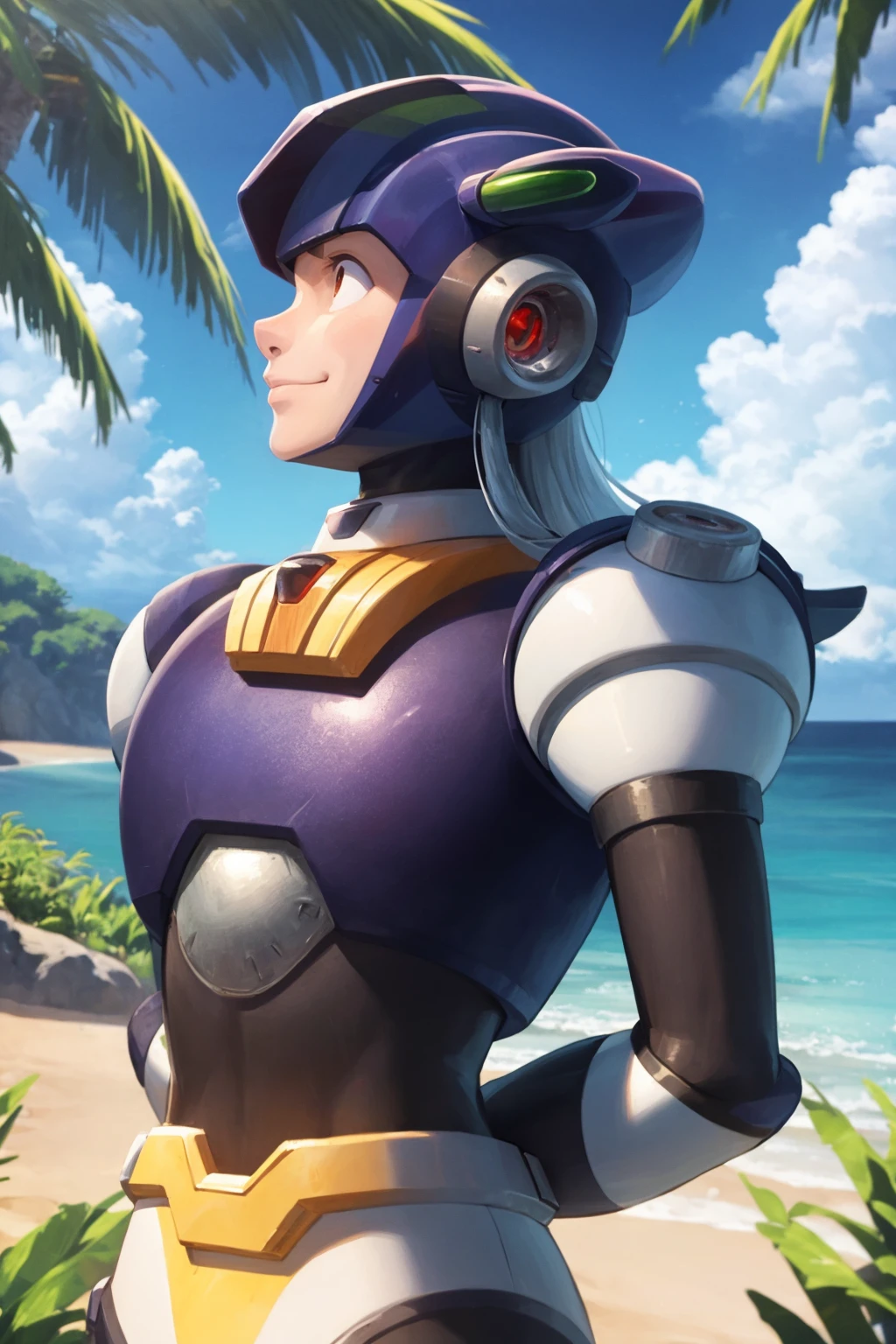 masterpiece, best quality,
1boy, dynamo, helmet, android, armor, robot,
arms behind back, smile, upper body, solo, sea, sand, blue sky, tropical island background <lora:Dynamo:1>