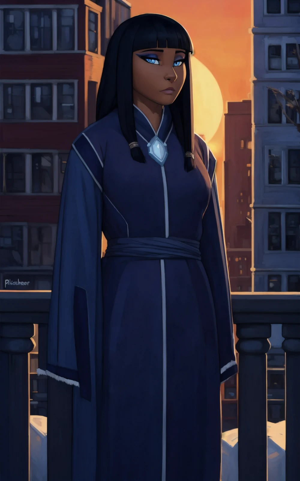 8k,4k,((Best quality, masterpiece, ultra high resolution)),((full body, by pixelsketcher)),    <lora:Eska:0.85>,eska,black hair, dark-skinned female, dark skin, bangs, blunt bangs, sidelocks, blue eyes,eyeliner, coat, blue coat,human,( fur trim,hair ornament),twilight, balcony, sun, city, winter,portrait,bored,looking ate viewer,makeup