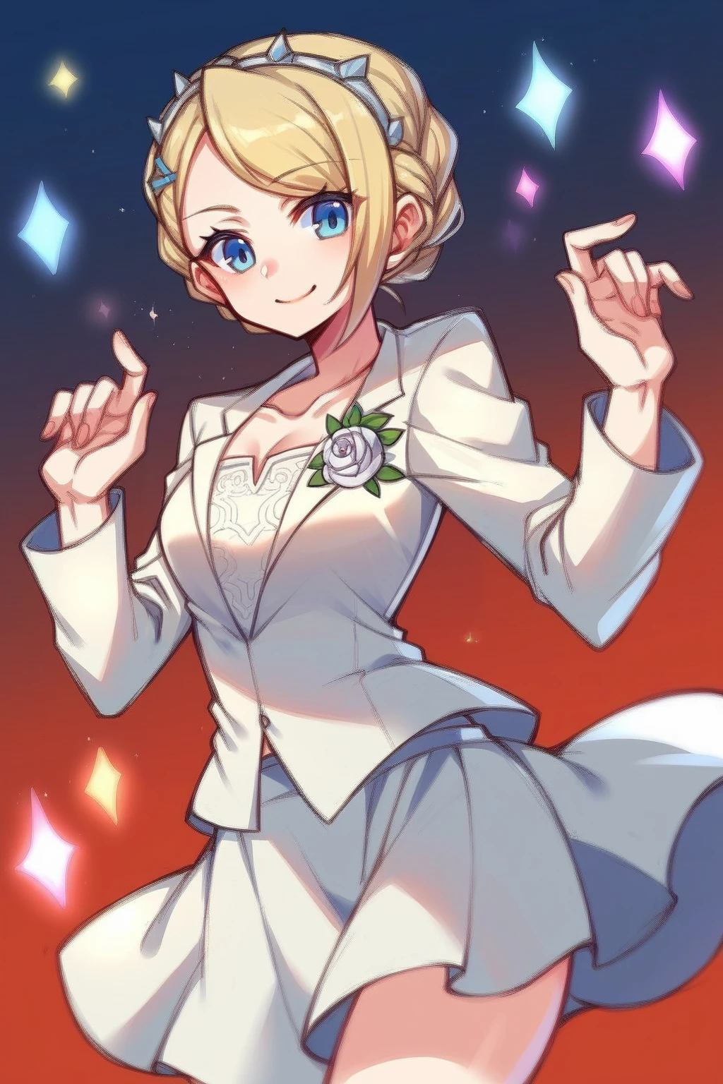 score_9, score_8_up, score_7_up, score_6_up, score_5_up, score_4_up, BREAK source_anime,edgCosette,braid,suit,  skirt, blonde hair, smile
 <lora:edgCosettePony:1>