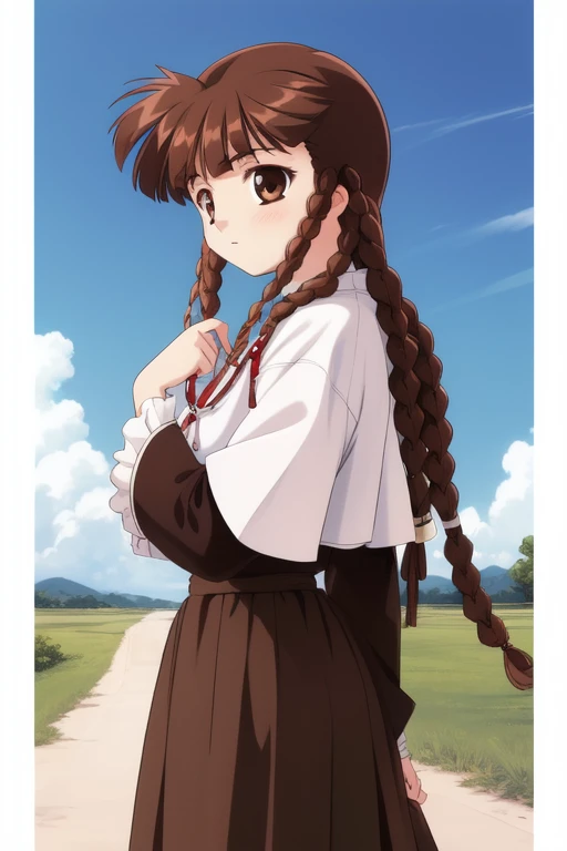 <lora:Watanuki_Yumiko:0.8>, WatanukiYumiko, 1girl, soro, brown_hair, brown_eyes, hair_rings, braid, twin_braids, bangs, room, sky, cowboy_Shot,
masterpiece, high quality, very_high_resolution, large_filesize, full color,