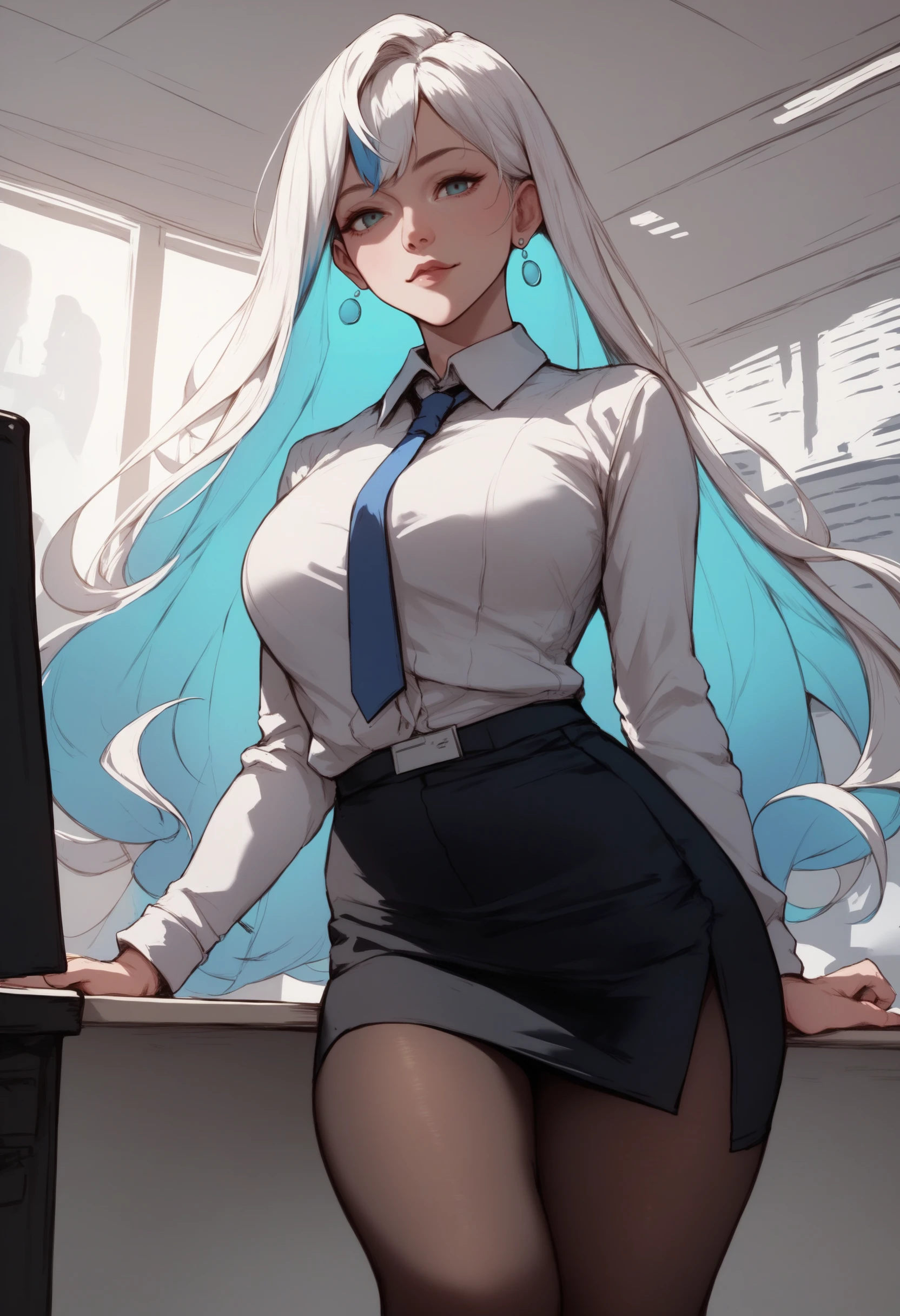 score_9, score_8_up, score_7_up, source_anime, 1girl, PSchan, <lora:PSchanXLPD-000009:1>, office lady, long hair, white hair, office, multicolored hair, <lora:TCVIXLPony:0.6>, shirt, pencil skirt, black pantyhose, jewelry,