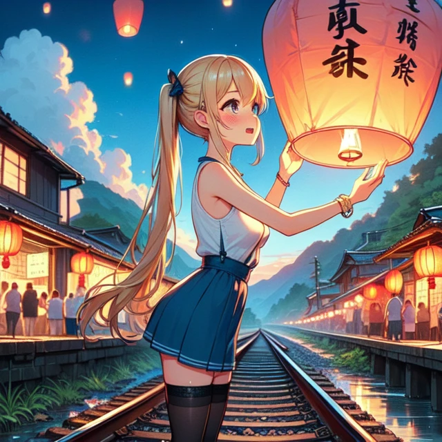 (((masterpiece))), (((best quality))), (((from side))), (((colorfully sky lantern with chinese word))), ((hands close to fire)), ((railway)), raise head, arms up, suspender skirt, tourists, night, river, ((bridge)), ((mount)), (((greenery))), low house, solo, 1girl, (((big tits))), ((bracelet)), ((blonde twintails)), hairclip, ribbon, sweat, open mouth, daze, shy, blush, slim figure, thighhigh, <lora:girllikeskylantern:1>