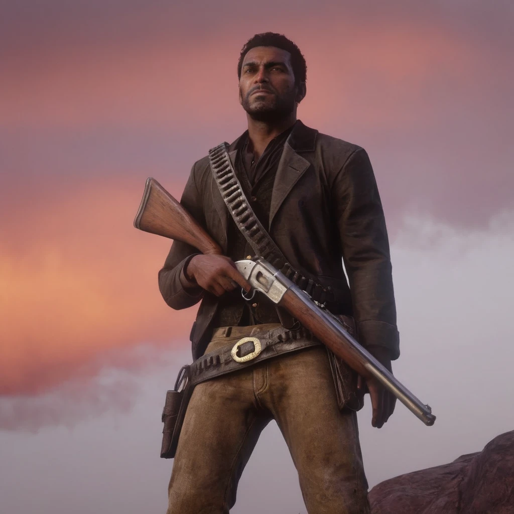 Hyperrealistic art of <lora:Red Dead Redemption style:1>
Lenny Summers a black man holding a rifle in a red sky,solo,black hair,1boy,holding,weapon,male focus,holding weapon,gun,facial hair,suspenders,red background,manly,red theme,red sky , epic, Western, adventures, outlaw, Red Dead, Western United States, wild west, cowboy, cowgirl, Open world, 1900's, realistic, cinematic, film look, dramatic light, partially covered in shadows, gang, Western-themed action-adventure, Red Dead Redemption style, Extremely high-resolution details, photographic, realism pushed to extreme, fine texture, incredibly lifelike