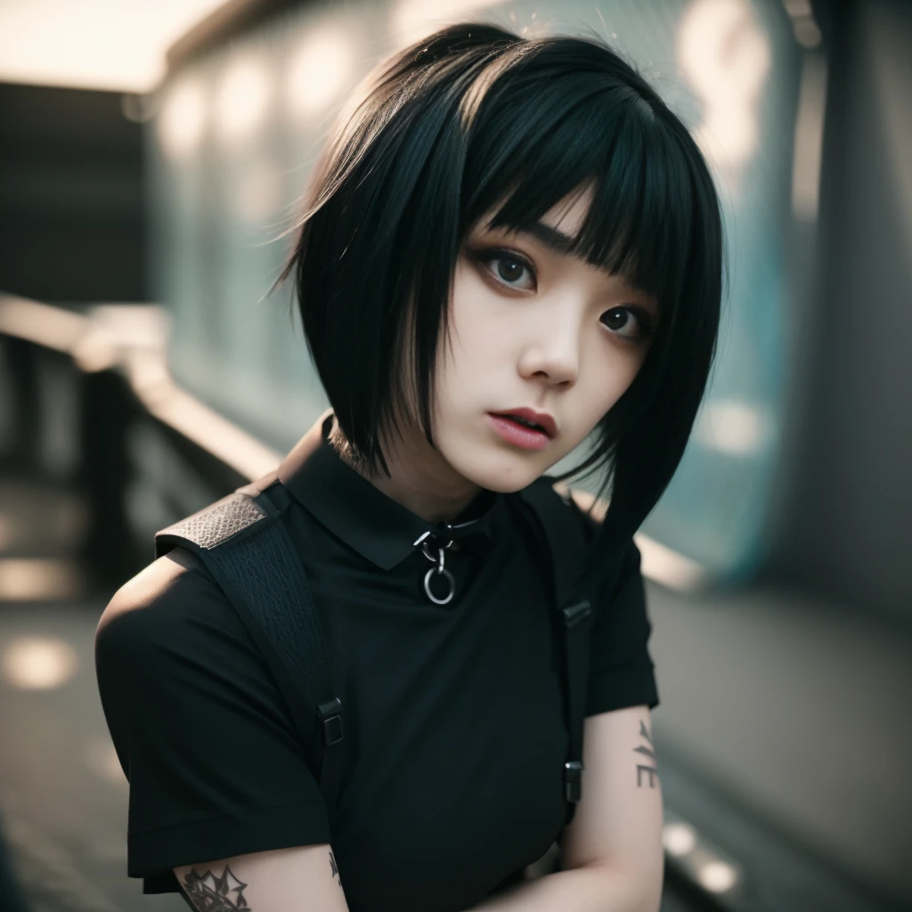 cinematic photo 4k,raw photo,<lora:riccco_v1:0.8>,riccco9, attractive sexy 20 years old (goth punk girl:0.9),wearing collar,wearing punk miniskirt,legs,solo,1girl,beautiful, perfect eyes, dark,short hair,parted lips, <lora:Gothpunkgirl-000009:0.5>, <lora:emo_hairstyle:0.5> (emo_hairstyle:1), (defiance512:1.1), 35mm photograph, film, professional, 4k, highly detailed