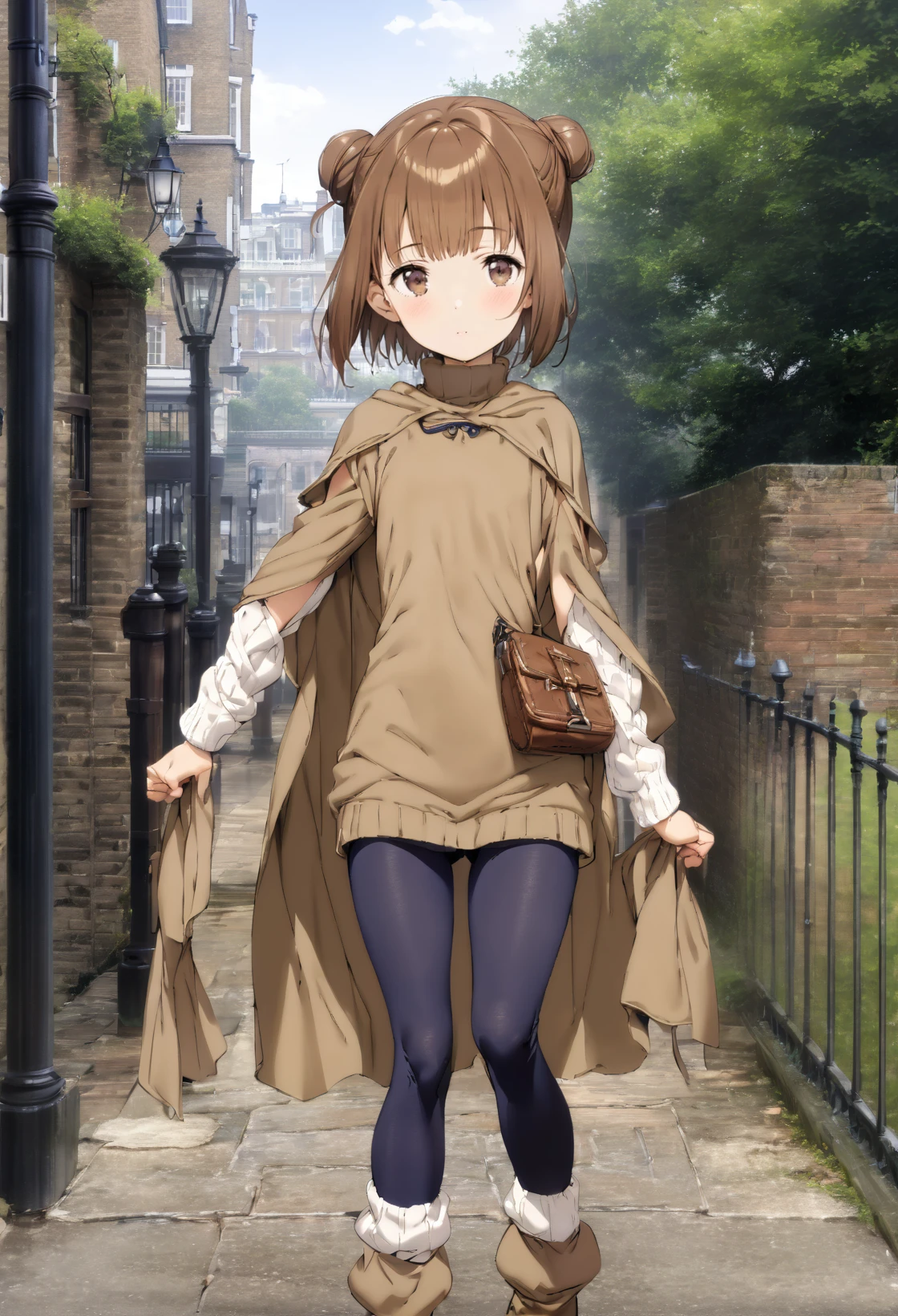 (masterpiece, best quality:1.2), 1girl, solo, brown hair, short hair, sidebun, brown eyes, dark blue tigh clothes, dark blue, leggings, small breasts, dark blue. turtleneck sweater, leg warmers, arm warmers, brown cape, cowboy shot, outdoors, full body, victorian, london,   <lora:Beatriche sdxl_lora:1> <lora:MeMaXL_V2:0.9>