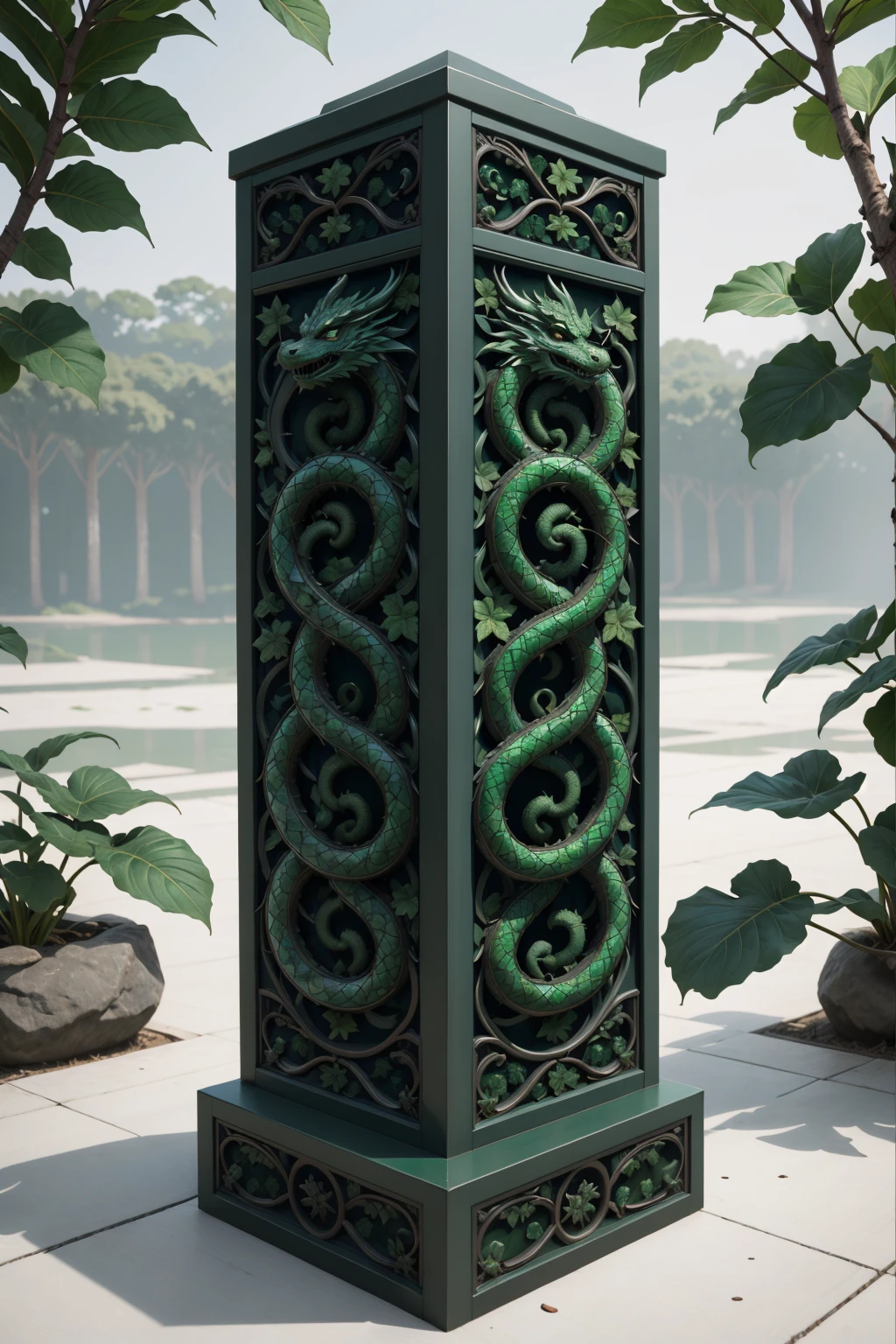 masterpiece, best quality, highly detailed, stone obelisk BREAK dragon talisman, jungle, river, eastern dragon serpent engraved in dragon obelisk, vines, ivy, leaves, emerald, jade, diamond