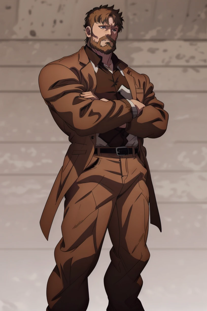 1boy, <lora:AlexanderAlekson>, alex2son, brown hair, (muscular:1.1), from side, grey background, brown jacket, brown shirt, two-tone shirt, pants, brown pants, crossed arms,