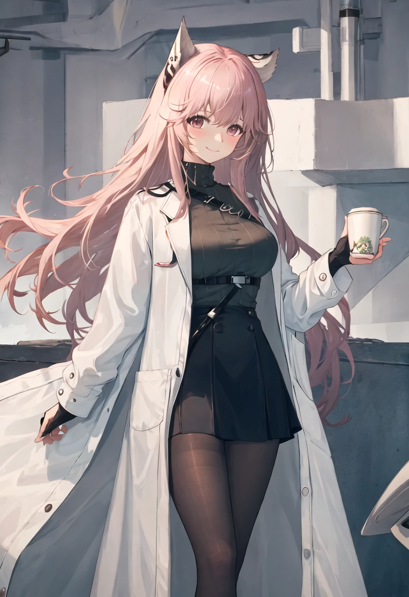 1girl, pink hair, (glasses), (white lab coat), green eyes, (detailed face), alquimic laboratory, medieval, (cute), 1pigtail, full body, white pants