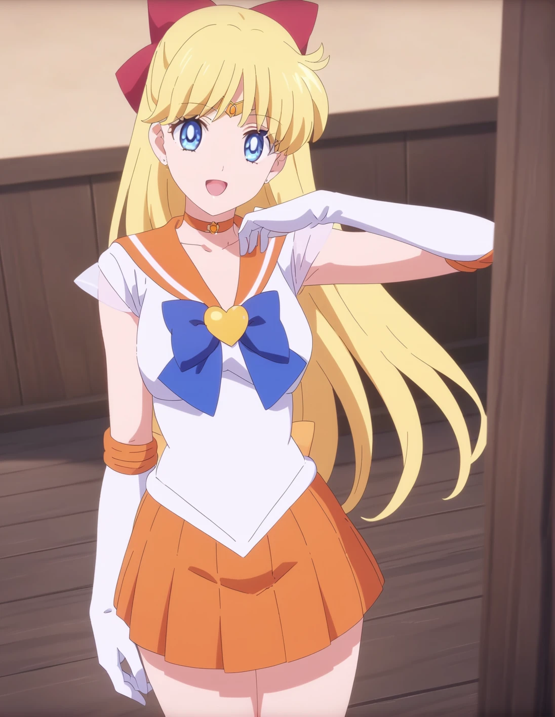 best quality, ultra-detailed, ,1girl, solo,<lora:sdxl-sailor-venus-v3:1>, sailorvenus, xsuperuniformx, (heartbrooch:0.8), choker,blonde hair, hair bow , gloves, pleated orange skirt, relaxed posture, elbows extended, standing, knees ,,, <lora:ALTXL_001_4:2>, smile, open mouth, BREAK on a wooden bridge ,anime_coloring, anime screencap