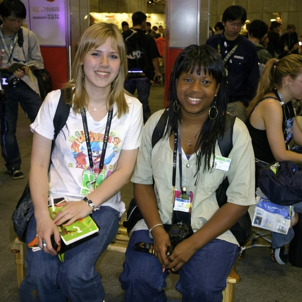 photo of two 25 year old women smiling and sitting on a bench inside E3 convention in 2004 <lora:boring-alpha-v3:1>