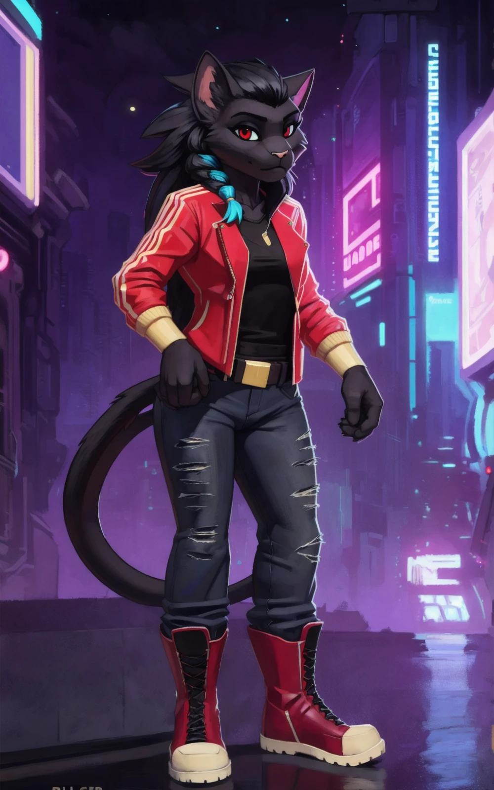 8k,4k,((Best quality, masterpiece, ultra high resolution)),((full body, by pixelsketcher)), <lora:Clairen:0.9>,Clairen,furry, tail, animal ears, cat ears, cat tail, furry,black fur, black hair, furry female,red eyes, torn clothes, pants, jacket, belt, denim, red jacket, shoes, jeans, animal nose, shirt, black shirt,braid,multicolored hair, blue hair, red boots, boots,cyberpunk,((hair)),long hair