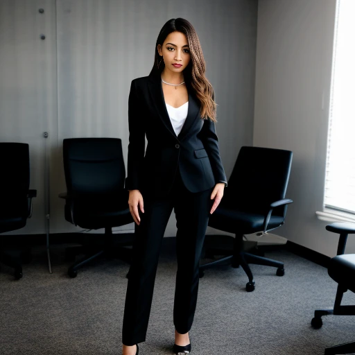 business photo of full body shot of a portrait of haven2hot, pants, black attire, <lora:haven2hot:1>. Whole outfit, clear, sharp, balanced. Professional attire, workplace setting, confident<lora:lcm-lora-sd15:1.0>