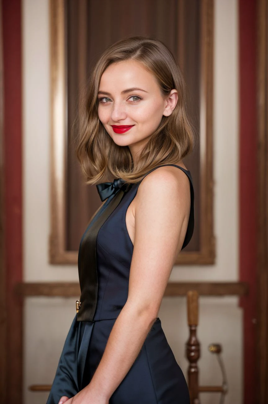 A stunning intricate full color picture of a beautiful woman, wearing a tailored tuxedo dress at a corporate event, portait, epic character composition,by ilya kuvshinov, alessio albi, nina masic,sharp focus, subsurface scattering, f2, 35mm, film grain, bleach blonde, cute smile, red lipstick <lora:LadyBug:1>