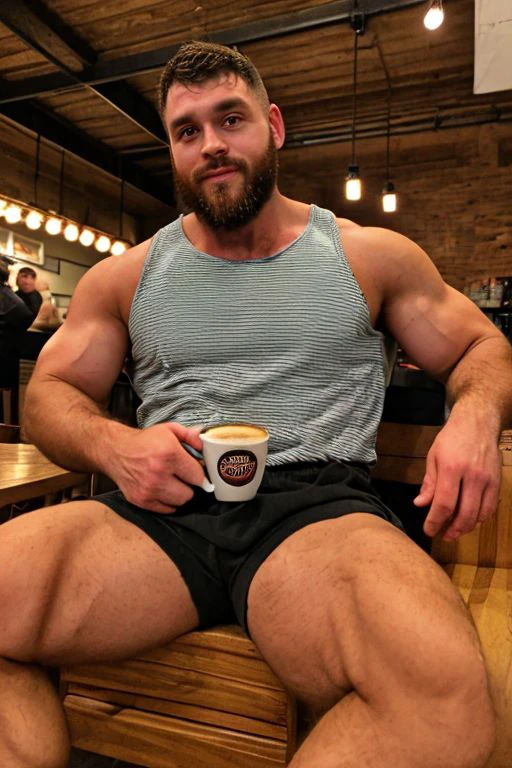 gorgeous photo of musclebearcoffee, POV, looking at viewer, sitting behind coffee table, wearing sleeveless striped shirt, cargo shorts hot coffee foreground, coffee shop paris, intimate lighting, handsome