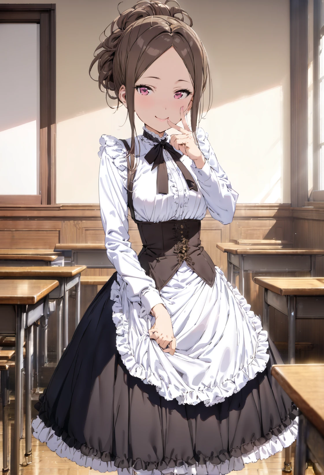 (masterpiece, best quality:1.2), 1girl, solo, long hair, brown hair, hair up, pink eyes, smile, medium breasts, white shirt, long sleeves. frills, black skirt, white petticoat. black corset, finger on face, cowboy shot, indoors, full body, victorian, classroom  <lora:Dorothy sdxl_lora:1><lora:MeMaXL_V2:0.9>