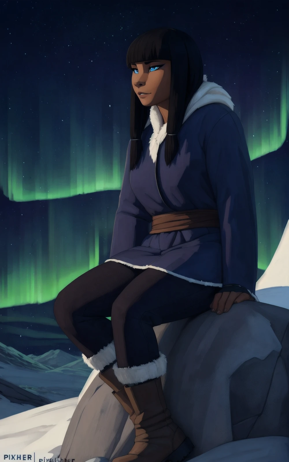 8k,4k,((Best quality, masterpiece, ultra high resolution)),((full body, by pixelsketcher)), <lora:Eska:0.7>,eska,black hair, dark-skinned female, dark skin, bangs, ((fur trim)), blunt bangs, sidelocks, blue eyes,eyeliner, coat, blue coat,human, hair ornament,Northern Lights, winter,sitting on a rock,makeup,fur boots, brown boots