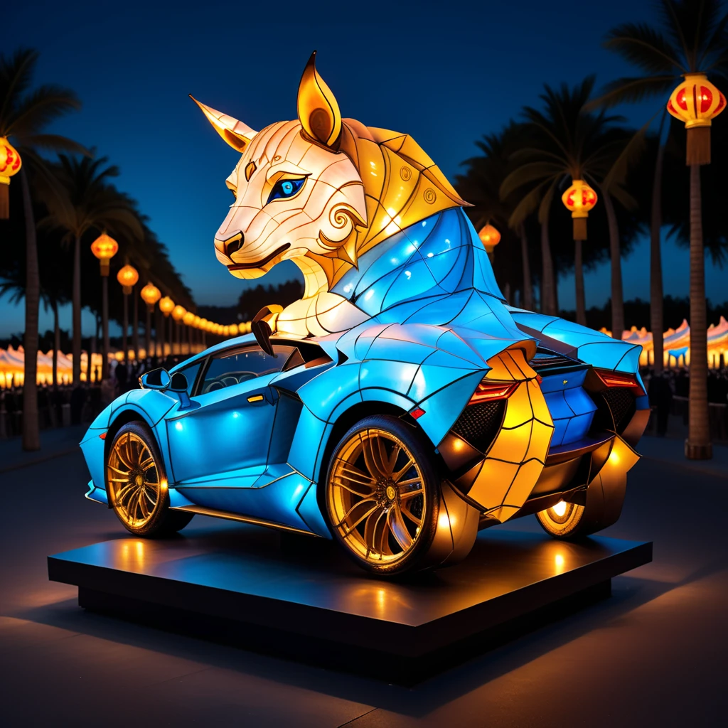 Create an image in a realistic style featuring a Lamborghini made entirely of lanterns. The intricate design showcases glowing lanterns in various shades of luminous blue, forming the sleek, aerodynamic shape of the iconic sports car. The Lamborghini stands against a dimly lit street at night, with the lanterns casting a soft, ethereal glow on the surrounding area, highlighting its elegant lines and curves. Attention to detail ensures that even the wheels and interior are discernibly constructed from lanterns, offering a magical yet realistic depiction of this unique concept, <lora:lightflower3:0.8>