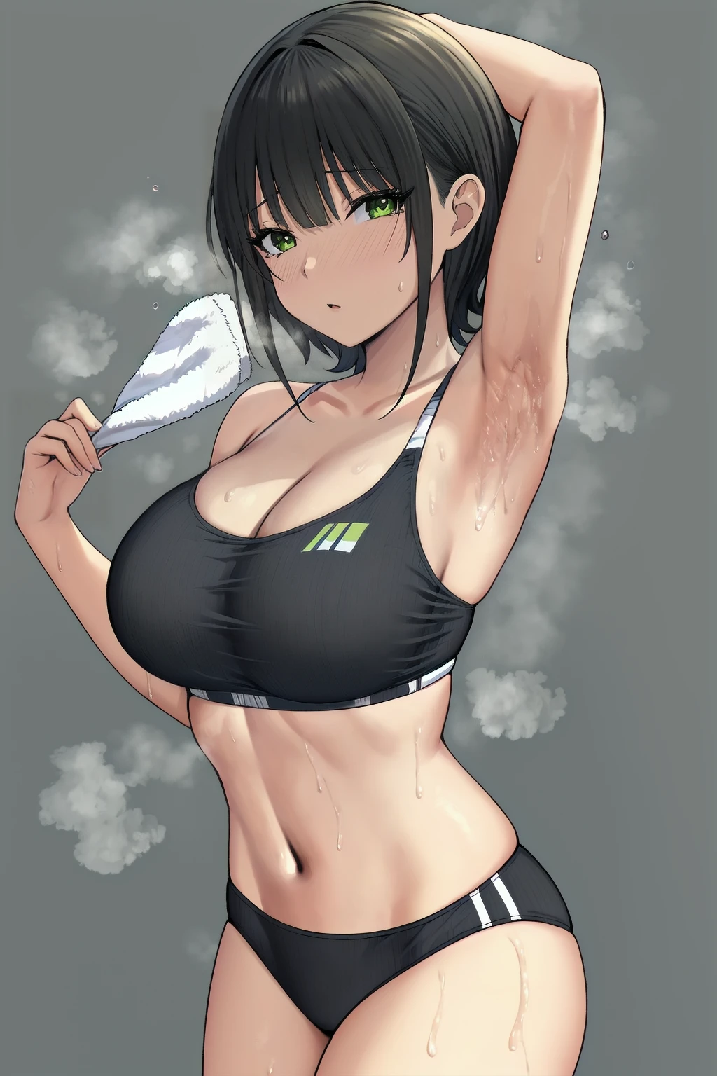 extremely detailed fine touch, natural light, sun light, light rays, dappled light, reflection, shadows, ray tracing, masterpiece, best quality, highly detailed,
<lora:mio:0.6> mio, 1girl, solo, yellow-green eyes, short hair, black hair, bangs, large breasts, 1girl, =3, armpits, bare shoulders, black hair, breasts, breath, cleavage, heavy breathing, large breasts, looking at viewer, navel, short hair, sigh, simple background, smell, solo, sports bra, steam, steaming body, sweat, towel, white background