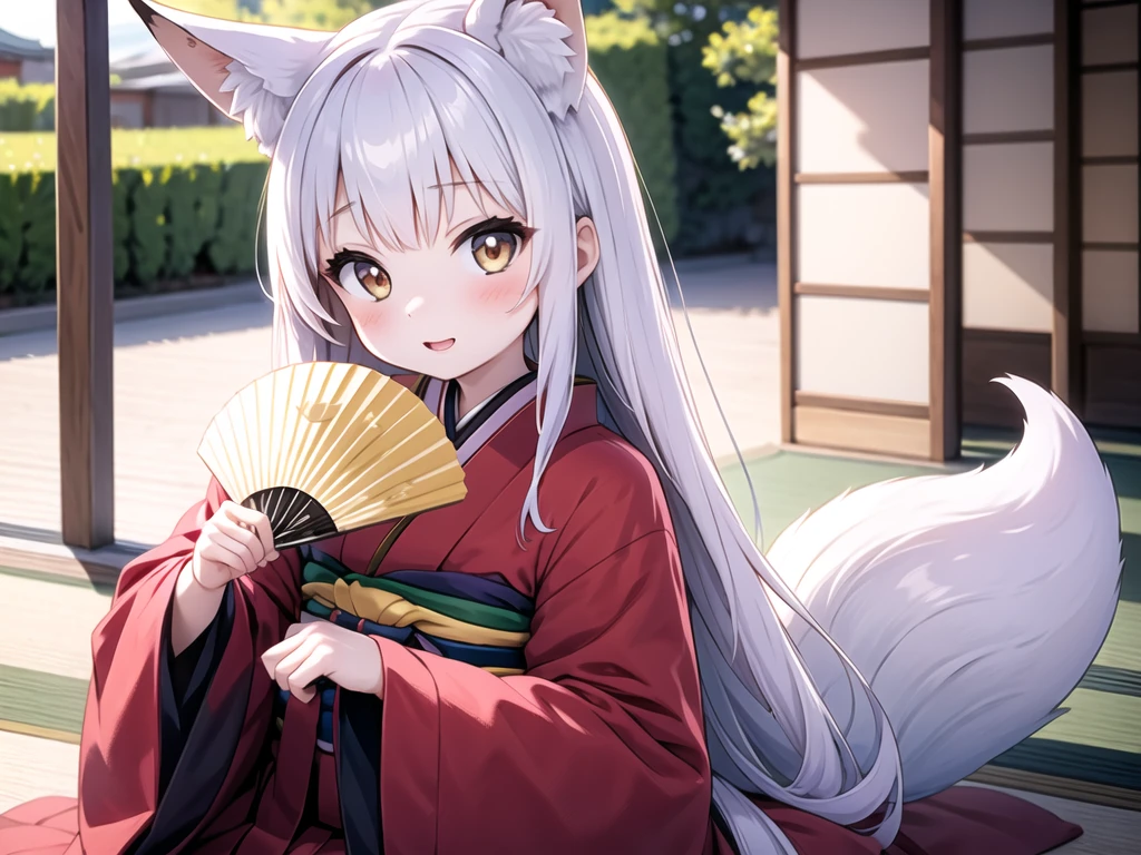 (Fox Girl, Fox Ears, Silver Hair, Fox Makeup, One Girl, Long Hair:1.6), (kimono, Kimono with open chest, A beautiful kimono with red and black patterns, I can see her cleavage, Open chest, Skin is visible:1.8), (Body measurements are 75-60-75!, Young girl body, Small breasts, Small breasts, Emphasize the chest, take a bow, faceは画面を見る:1.9), Avatar, face, lewd face, Dominant representation, naughty face, Uplifting, Skin Texture, outside, Grassy field
