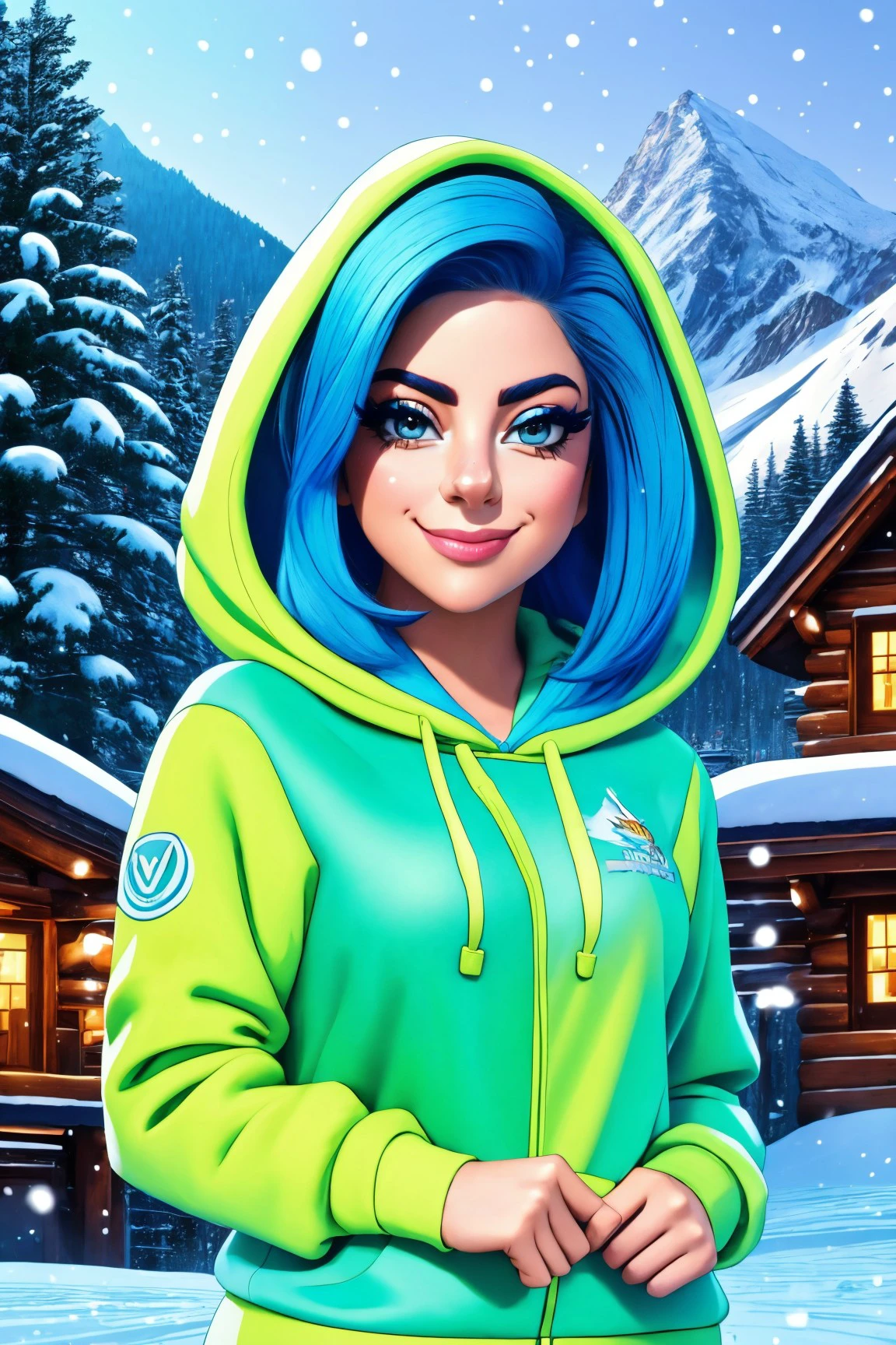 rana vadel middle shot close up, upper body, blue hair, young, makeup, smile,
beautiful face, masterpiece, highres, cartoon, pixar, animation,
Hoodie,
Snowy mountain lodge and ski slopes,
 <lora:rana_vadel:0.85>