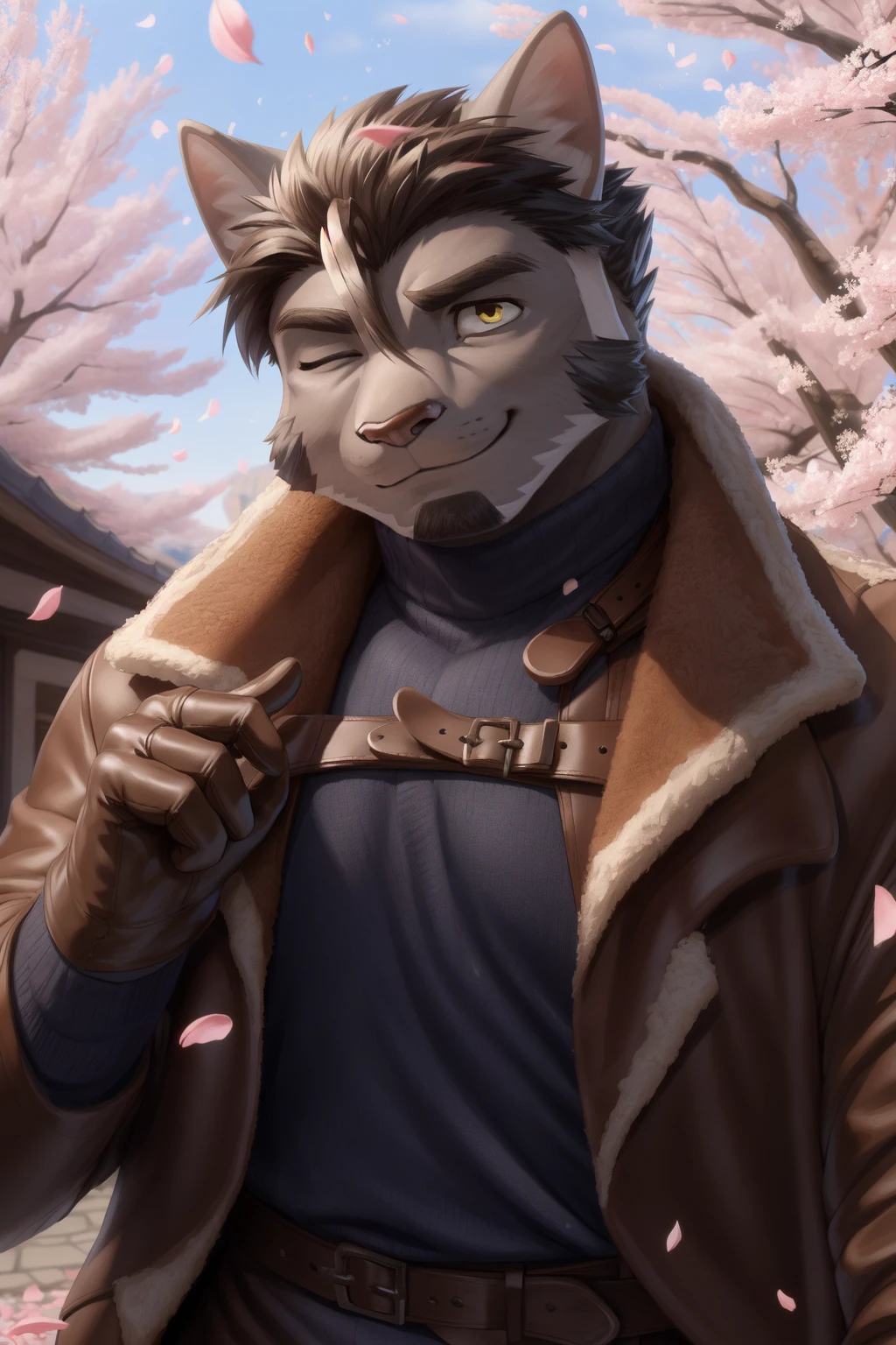 <lora:tsuneaki-05:1>, tsuneaki, yellow eyes, feline, grey fur, (posing:1.3), (soft shading), 4k, hi res, ((detailed face, detailed)), by zackarry911, by zaush, (by personalami:0.5), smile, gloves, 1boy, upper body, male focus, multicolored hair, one eye closed, sweater, coat, petals, cherry blossoms, brown gloves, leather, harness, falling petals, chest harness