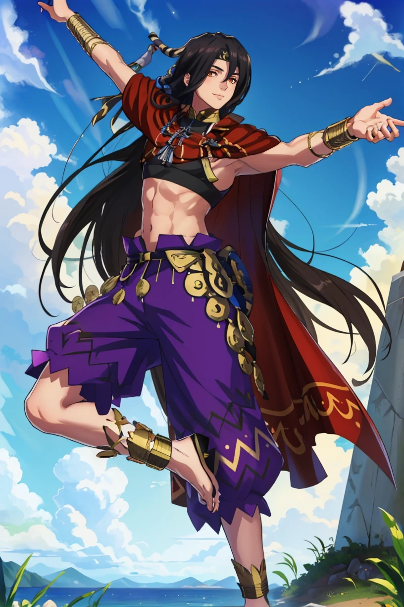 masterpiece, 1boy, looking at viewer, smile, <lora:SeadallFE-bsinky-v1:0.8> defSeadall, long hair, midriff, jewelry, pants, cape, headband, barefoot, anklet, sky, cloud