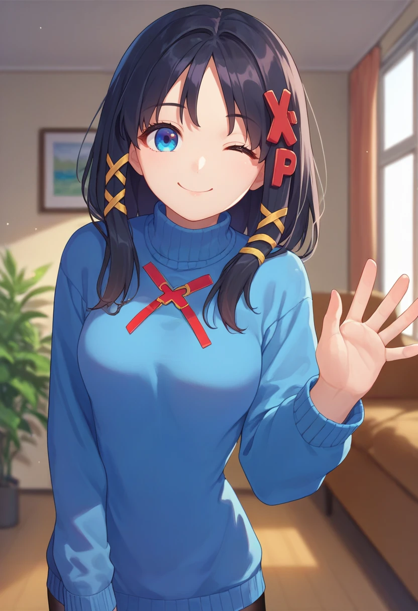 score_9, score_8_up, score_7_up, source_anime, solo, 1girl, xp-tan, smile, looking at viewer, waving, black hair, x hair ornament, one eye closed, blue sweater, sweater dress, black pantyhose, indoors, living room <lora:os-tan_xp-tan_ponyXL-04:1>