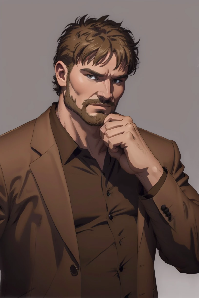 1boy, <lora:AlexanderAlekson:0.9>, alex2son, brown hair, (muscular:1.1), upper body, grey background, brown jacket, brown shirt, two-tone shirt, hand on own chin, looking at viewer,