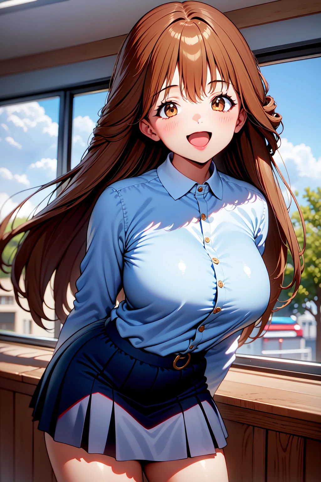 1girl, cowboy shot, classroom, smile, open mouth,
kawai_iyona, brown eyes, brown hair, long hair, collared shirt, skirt, <lora:kawai_iyona_lora_ver3:0.7>, best quality, masterpiece, highres, <lora:GoodHands-vanilla:1>