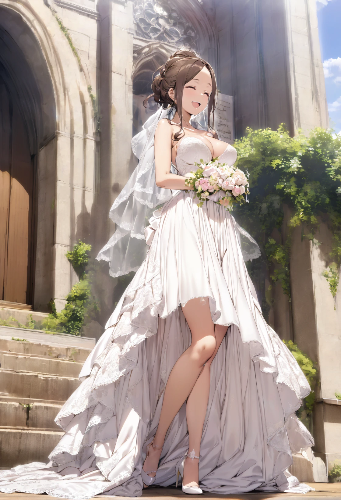 (masterpiece, best quality:1.2), 1girl, solo, long hair, brown hair, hair up, pink eyes, parted bangs, bride, smile, open mouth, closed eyes, big breasts, cowboy shot, full body, outdoors, church <lora:Dorothy sdxl_lora:1><lora:MeMaXL_V2:0.9>