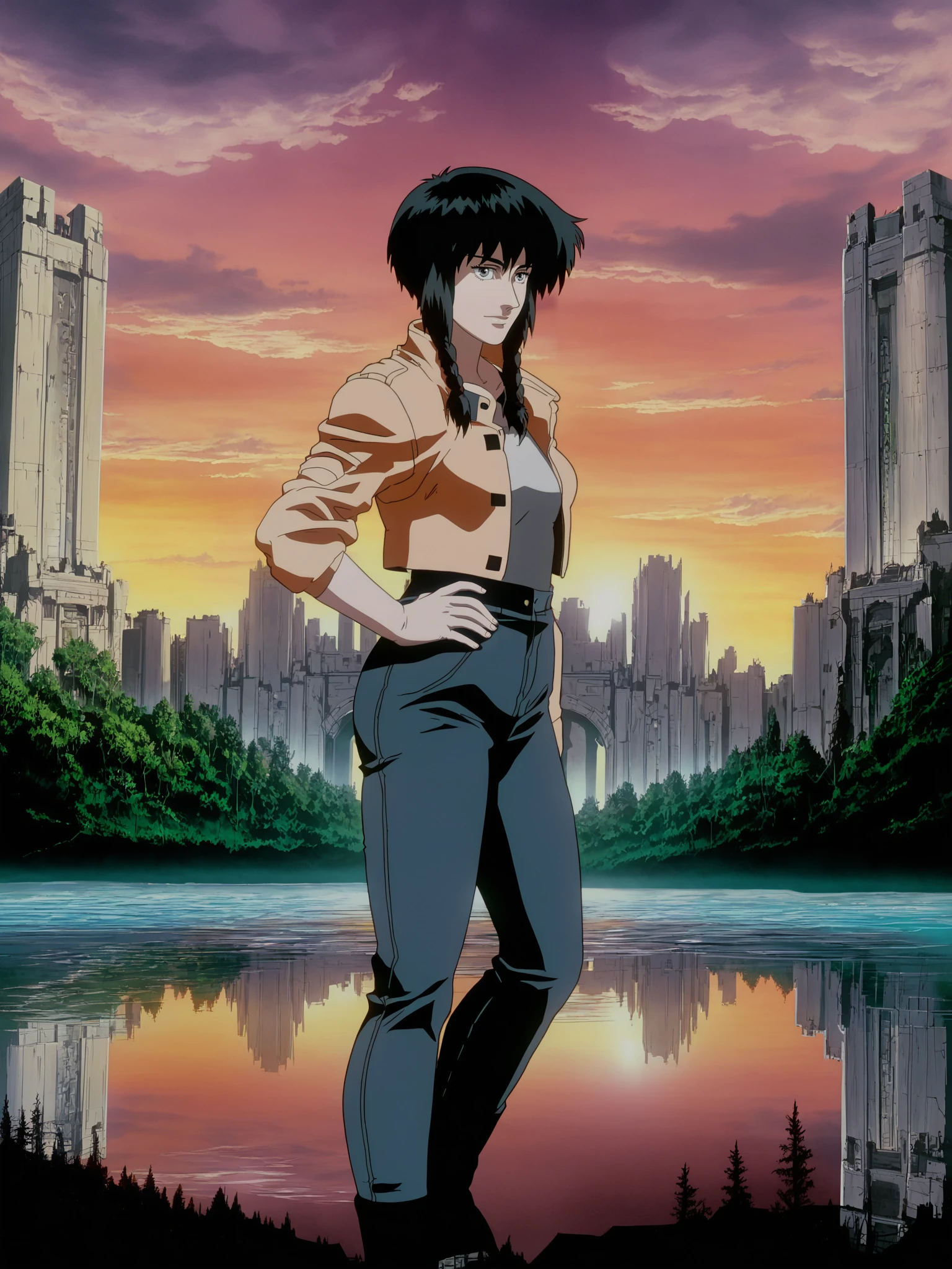 score_9,source_anime,1girl,kusanagi motoko,hand on hip,shirt,jeans,twin braids,open jacket,light smile,looking at viewer,LODBG,fantasy,outdoors,sky,cloud,water,tree,cloudy sky,nature,scenery,reflection,sunset,ruins,cityscape,pillar,moss,overgrown,volumetric lighting,perfect composition,highly detailed,extremely detailed landscape,hyper detailed,<lora:GITS1995_XL:1>,