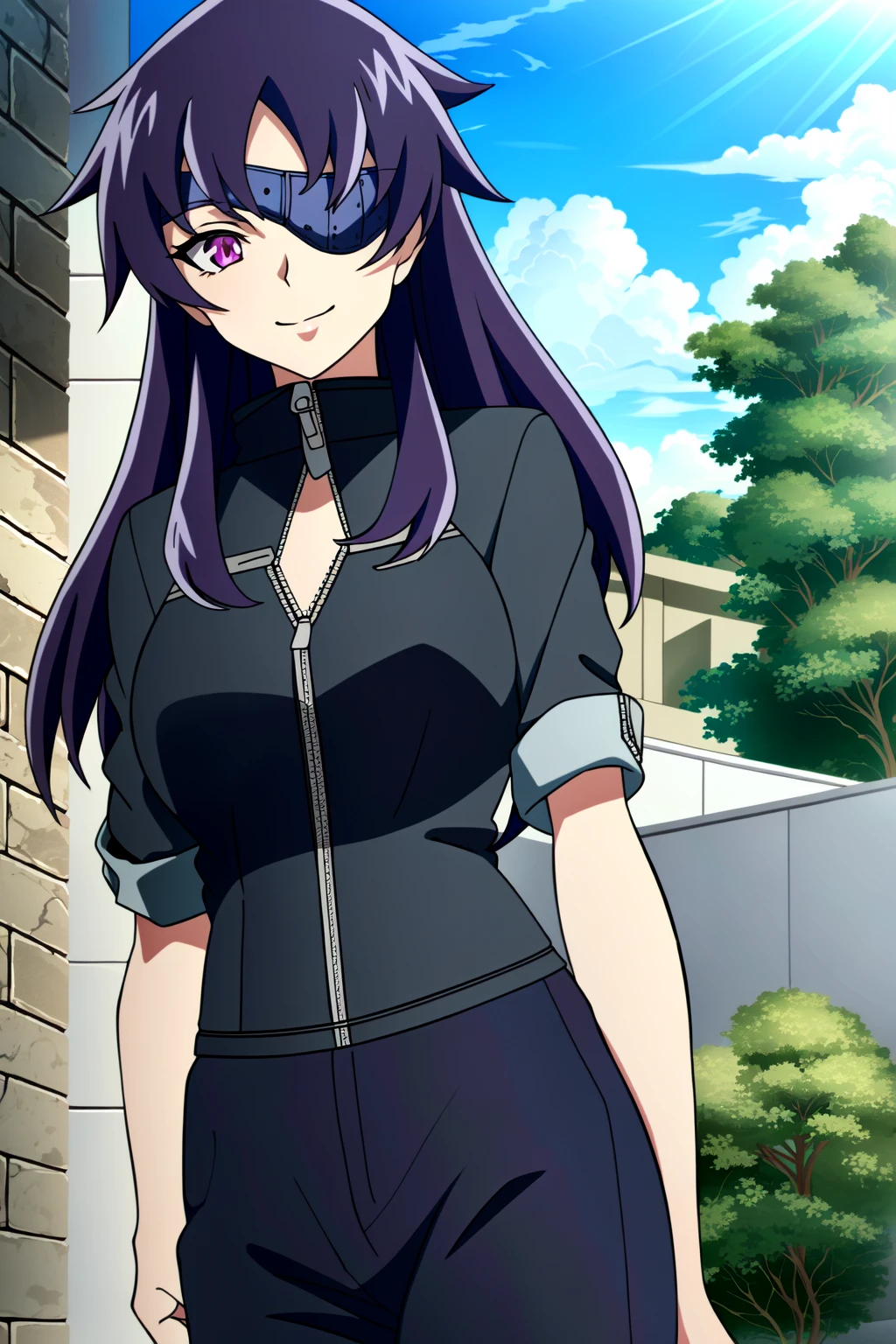 (extremely detailed CG unity 4k wallpaper),(masterpiece),(best quality),(ultra-detailed),(best illustration),(best shadow),(absurdres),(detailed background) <lora:OGT_Uryuu_Minene-v1:1> Uryuu Minene, 1girl, solo, purple eyes, eyepatch, long hair, purple hair, zipper, outdoors, looking at viewer, light smile