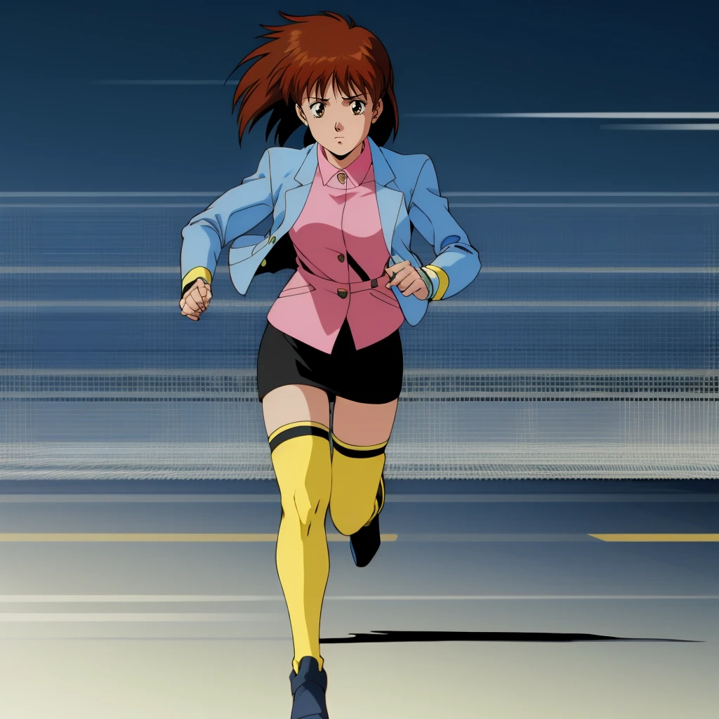 <lora:AniceFarm003:0.7>,
Anice,1girl,brown hair,medium hair,
blue jacket,short_sleeves,yellow long sleeves,pink shirt,
black skirt,
yellow thighhighs,
full body,running,motion lines,motion_blur,speed_lines,