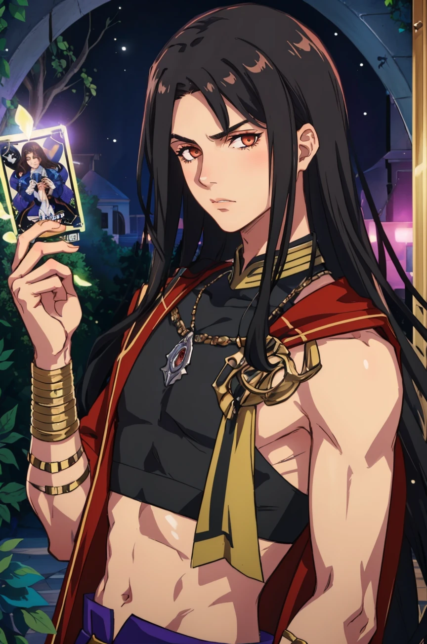 masterpiece, 1boy, upper body, looking at viewer, serious, <lora:SeadallFE:0.7> defSeadall, long hair, crop top, holding, tarot card, purple glow, mysterious, eerie