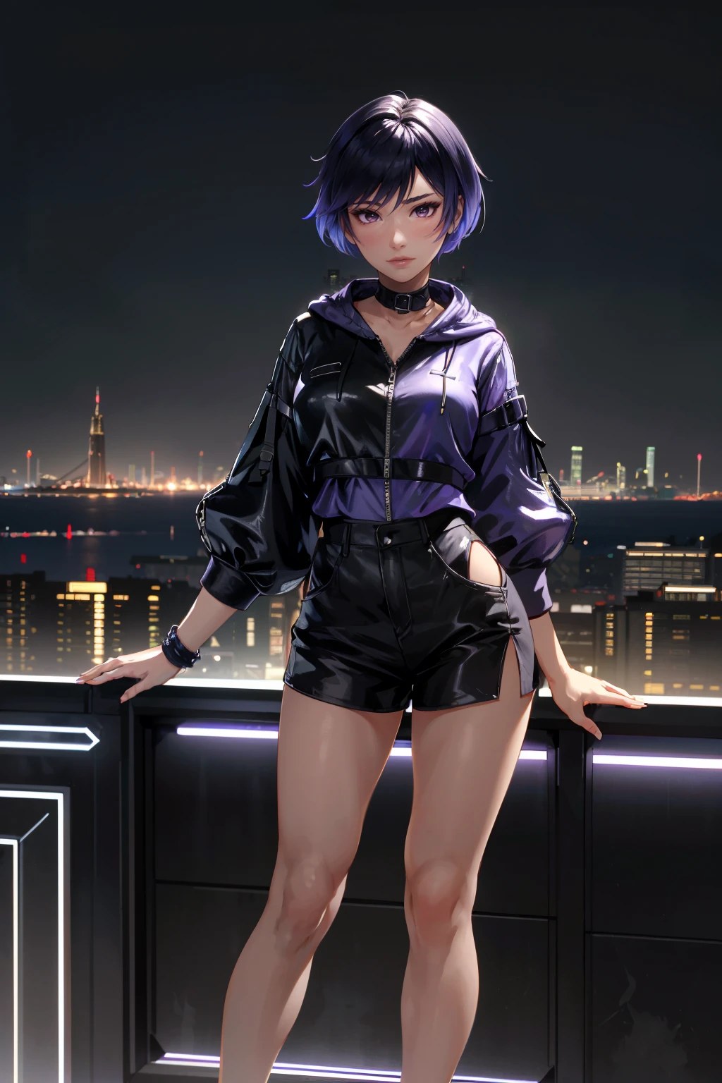 ((ultra detailed, masterpiece, absurdres))
<lora:T8Reina:0.9>
T8Reina, 1girl, short hair, purple hair, multicolored hair, overlooking the city from a rooftop bar at night, chic outfit, standing