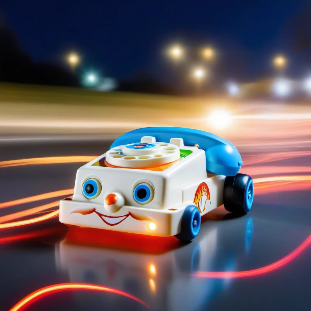 Long exposure photo of FisherPricePhone1024, a white phone toy like a racing car, speed, racing tracks <lora:FisherPricePhone1024:0.7> . Blurred motion, streaks of light, surreal, dreamy, ghosting effect, highly detailed
