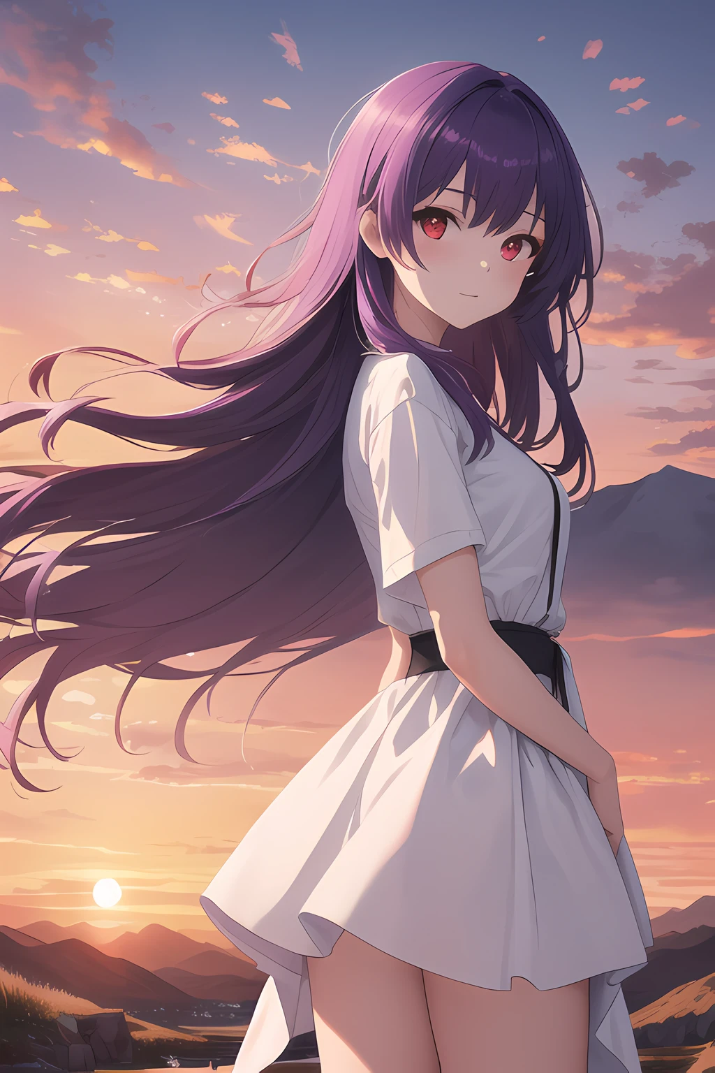 (masterpiece, best quality, high quality, highres, ultra-detailed),1girl,purple hair,long hair,straight hair,red eyes,looking at viewer,stream,sunset,standing,wind lift,mountain,solo focused,