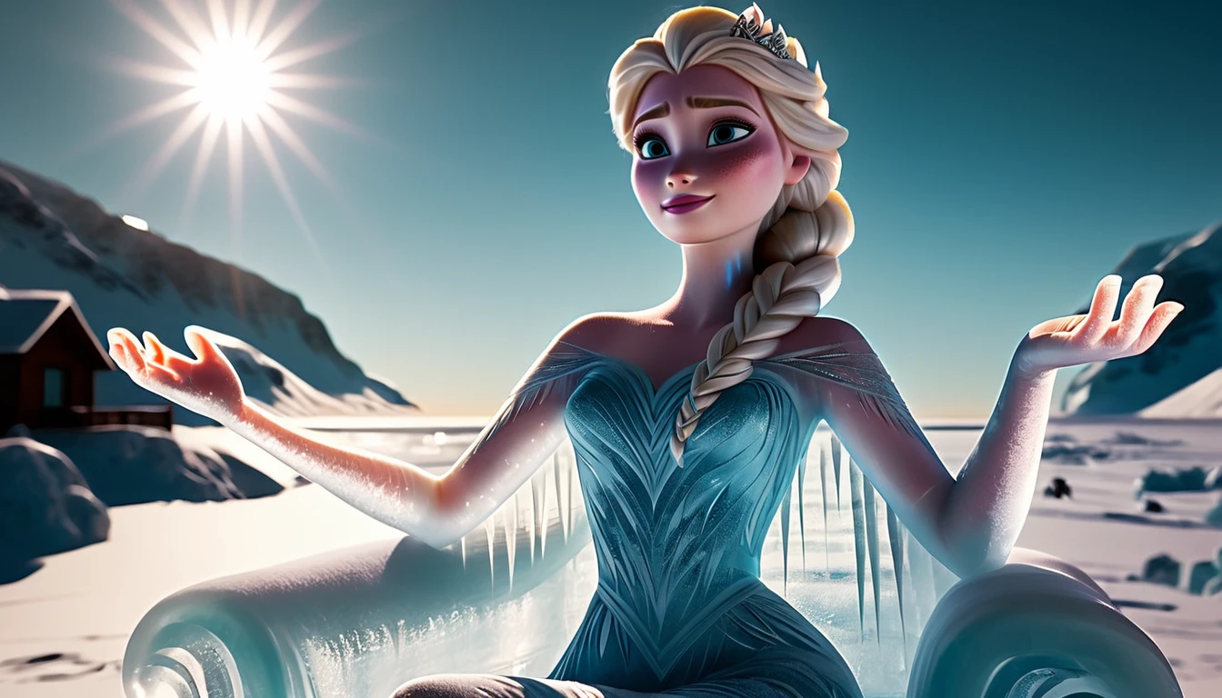 FreezeRay, cinematic film still, Ice Sculpture of Elsa, made entirely of transparent solid ice, shining in the Winter Sun