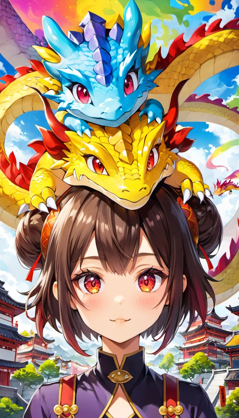 1girl, dragon on head, vivid, colorful, detailed background, masterpiece, best quality, high quality, absurdres