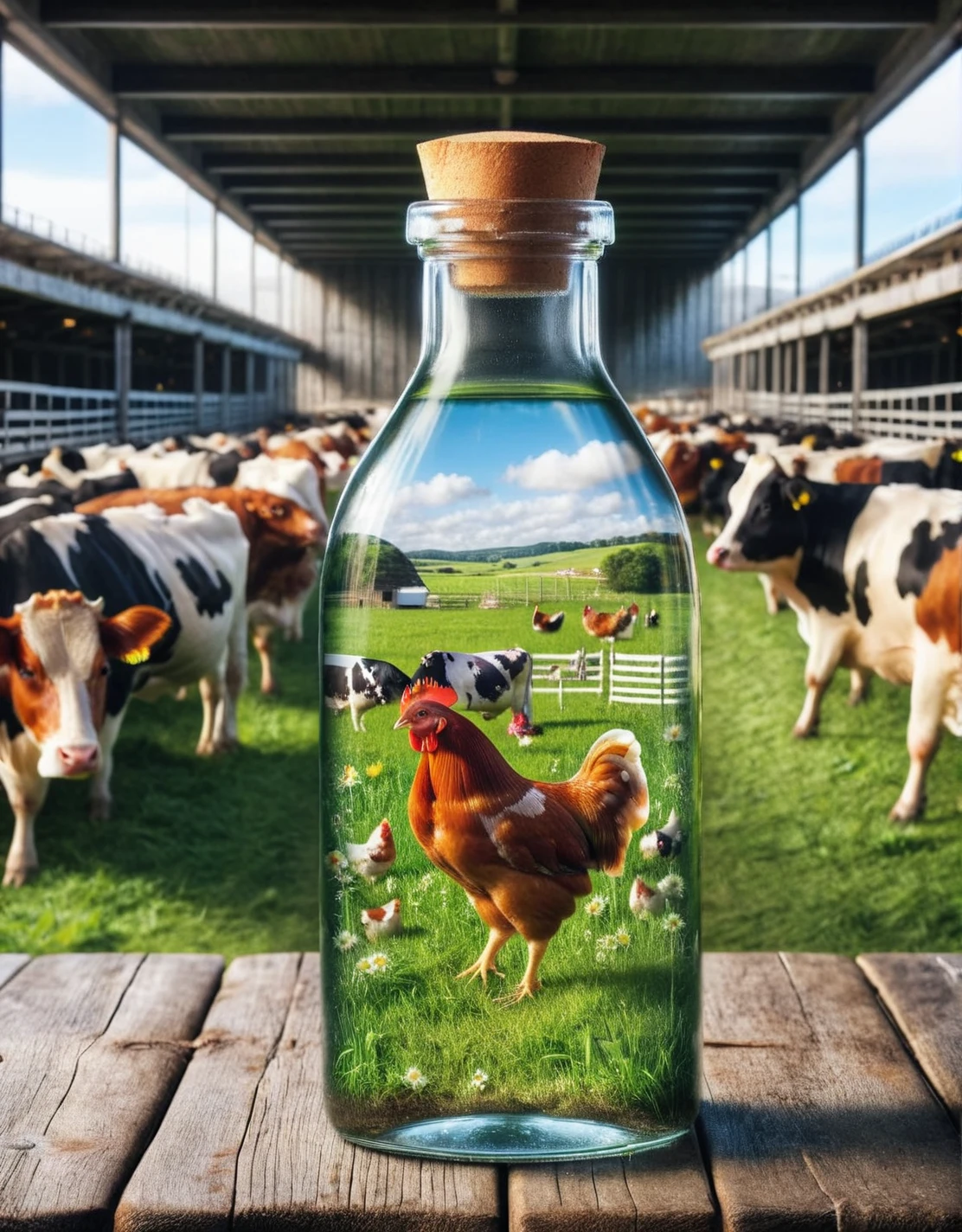 ais-bttl, inside the bottle a chicken, outside the bottle a cow <lora:ais-bttl-sdxl:1>