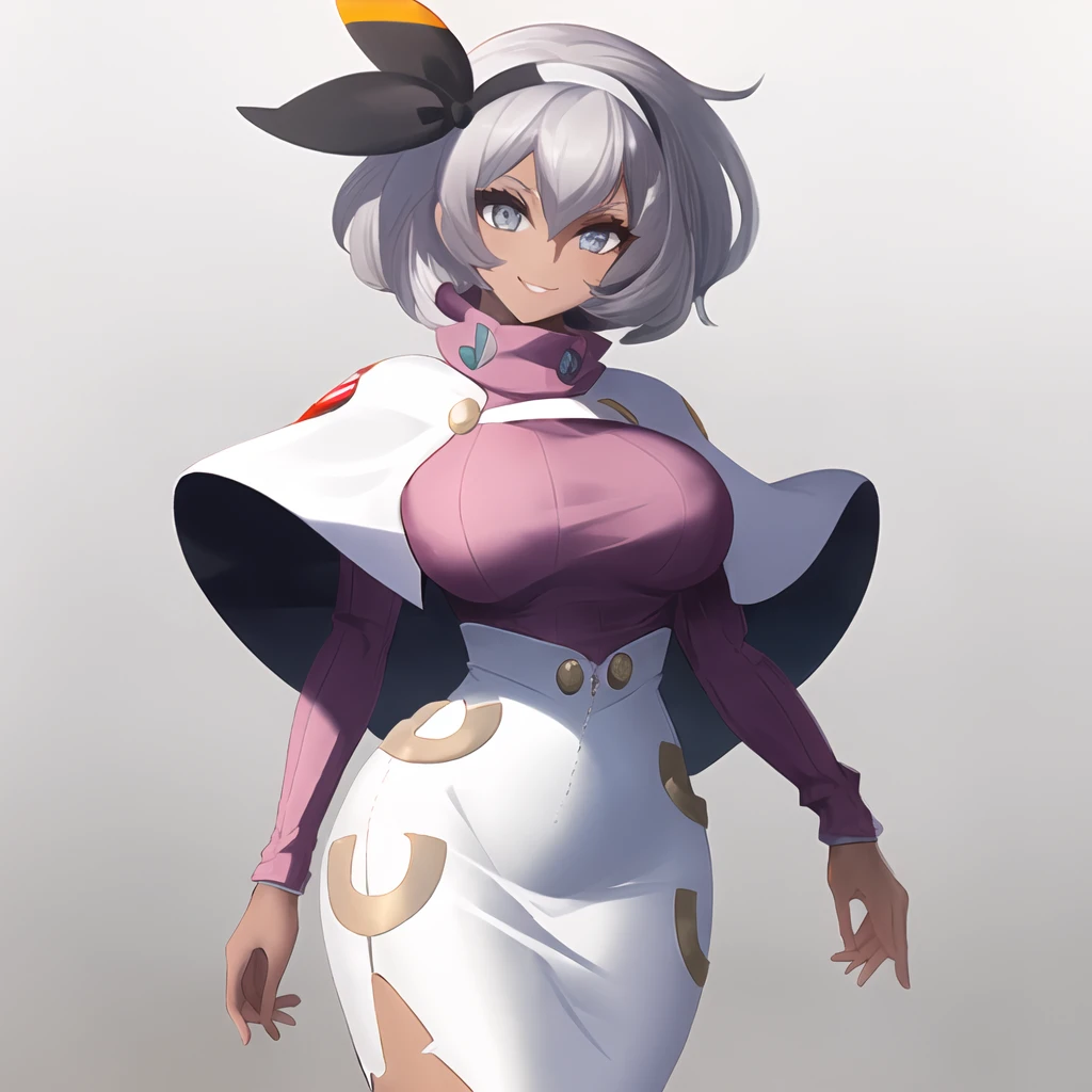masterpiece, best quality, highly detailed, 1girl, solo, <lora:bea_pokemon-08:1> (bea_pokemon:1.3),
grey hair, grey eyes, hairband, black hairband, dark skin, dark-skinned female, seductive smile,
simple background, cowboy shot,
<lora:wicke_outfit-10:0.8> (wicke_outfit:1.4), capelet, white capelet, sweater, pink sweater, ribbed sweater, turtleneck, white skirt, high-waist skirt, high heels, boots, (white boots:1.5), pencil skirt