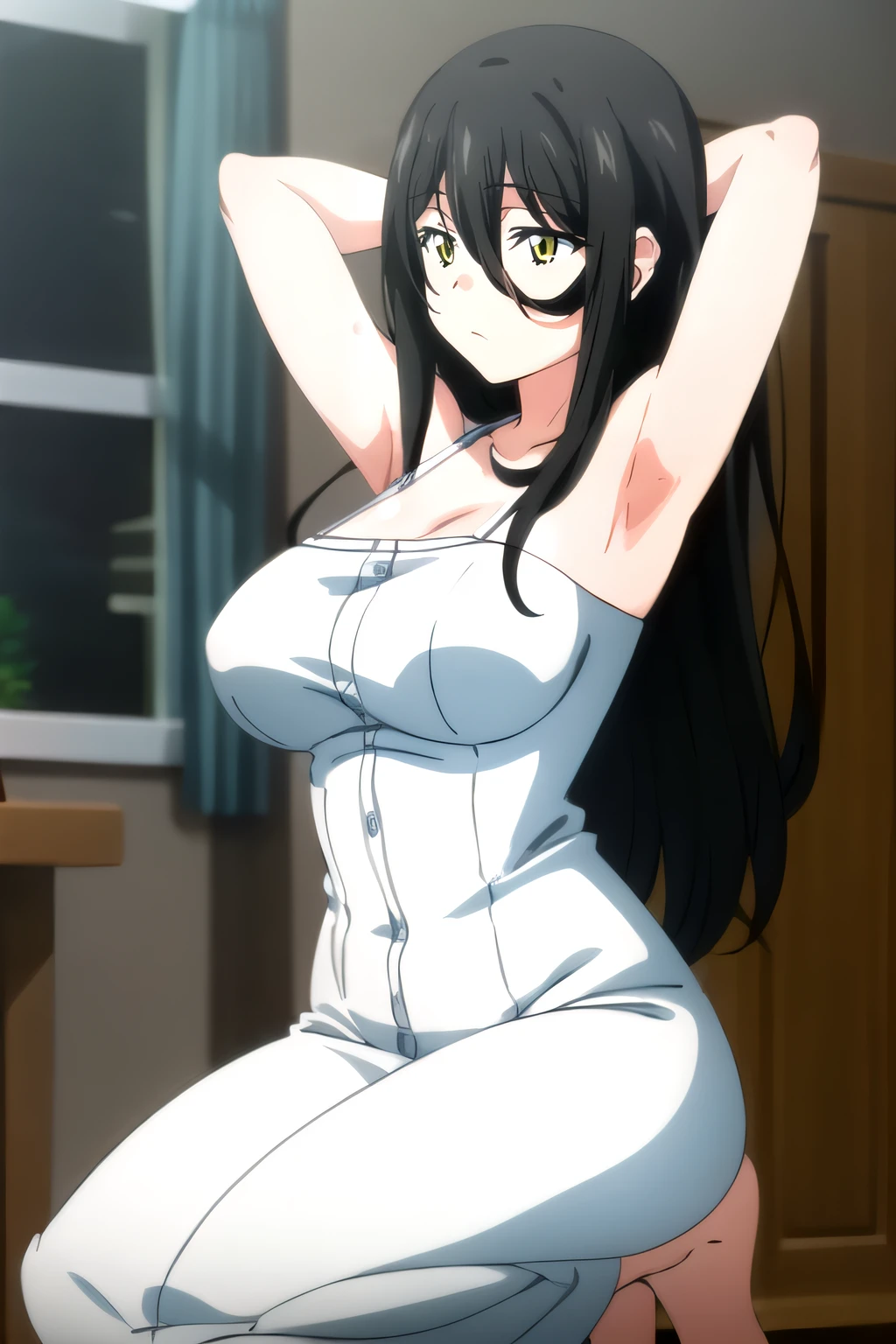 (masterpiece:1.2), best quality, high resolution, unity 8k wallpaper, (illustration), extremely detailed face, perfect lighting, extremely detailed CG, 1girl, solo, <lora:Hasshaku:0.8>, hasshaku, large breasts, white dress:1.2, black hair, long hair, yellow eyes, frontal view:1.2, expressionless, mature woman, full body, squatting, barefeet, arms behind head, armpits, frontal view:1.2