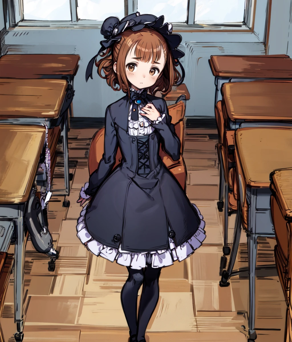 (masterpiece, best quality:1.2), 1girl, solo, brown hair, medium hair, sidebuns, brown eyes, small breast, blue victorian dress, bonnet, cowboy shot, indoors, full body, victorian, classroom   <lora:Beatriche SD:1>