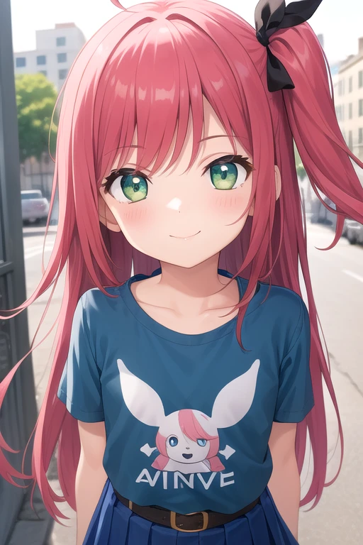 ((masterpiece)),(best quality),official art,extremely detailed CG,unity 8k wallpaper,ultra detailed,beautiful detailed eyes,extremely detailed face,street,1girl,solo,upper body,(portrait:1.5),looking at viewer,facing viewer,smile,child,(petite:1.2),douraku utage,very long hair,red hair,pink hair,one side up,floating hair,hair ribbon,hair bow,sidelocks,bangs,green eyes,t-shirt,blue shirt,print shirt,flat chest,belt,blue skirt,miniskirt,layered skirt,white socks,sneakers,<lora:Douraku Utage(noucome)>,