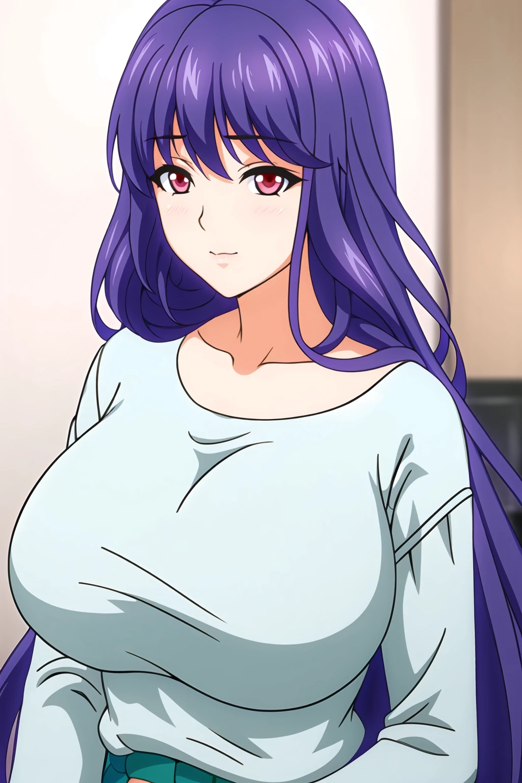 Simple Background,White Background,
Green shirt, long sleeves, collarbone, cleavage, 
<lora:Kyouko_Sawai_MamaKatsu-KK77-V1:0.7>,
Red eyes, Blue hair,bangs,Long hair,
<lora:Oda_Non_Style-KK77-V2:0.3>,<lora:more_details:0.1>,
1 girl, 20yo,Young female,Beautiful long legs,Beautiful body,
Beautiful Nose,Beautiful character design, perfect eyes, perfect face,expressive eyes,perfect balance,
looking at viewer,(Focus on her face),closed mouth, (innocent_big_eyes:1.0),(Light_Smile:0.3),
official art,extremely detailed CG unity 8k wallpaper, perfect lighting,Colorful, Bright_Front_face_Lighting,White skin,
(masterpiece:1.0),(best_quality:1.0), ultra high res,4K,ultra-detailed,
photography, 8K, HDR, highres, absurdres:1.2, Kodak portra 400, film grain, blurry background, bokeh:1.2, lens flare, (vibrant_color:1.2),professional photograph,
(Beautiful,large_Breasts:1.4), (beautiful_face:1.5),(narrow_waist),