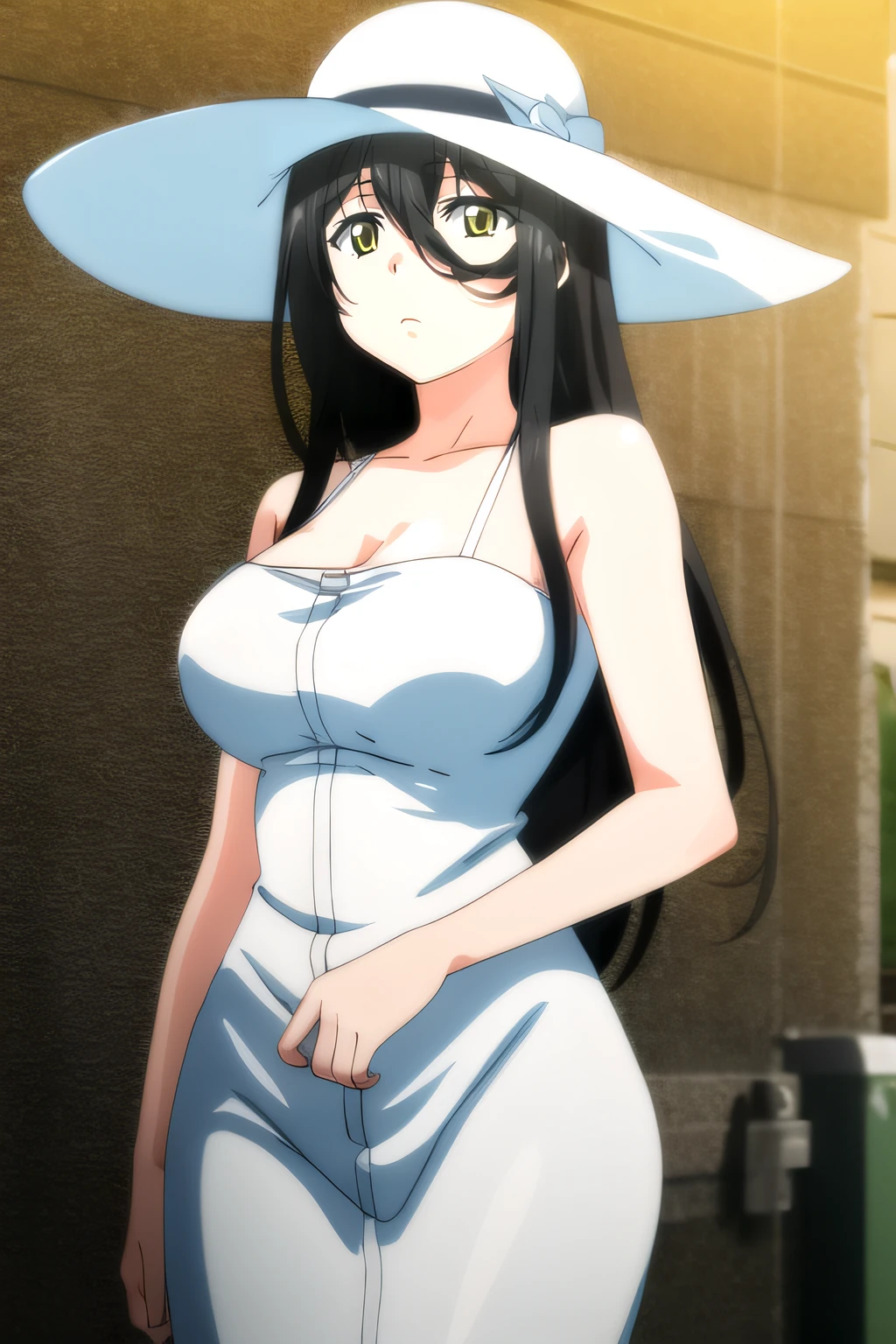 (masterpiece:1.2), best quality, high resolution, unity 8k wallpaper, (illustration), extremely detailed face, perfect lighting, extremely detailed CG, 1girl, solo, <lora:Hasshaku:0.8>, hasshaku, large breasts, white dress, frontal view, standing, cowboy shot, black hair, long hair, looking at viewer, white headwear, expressionless, sun hat, yellow eyes, arms at sides