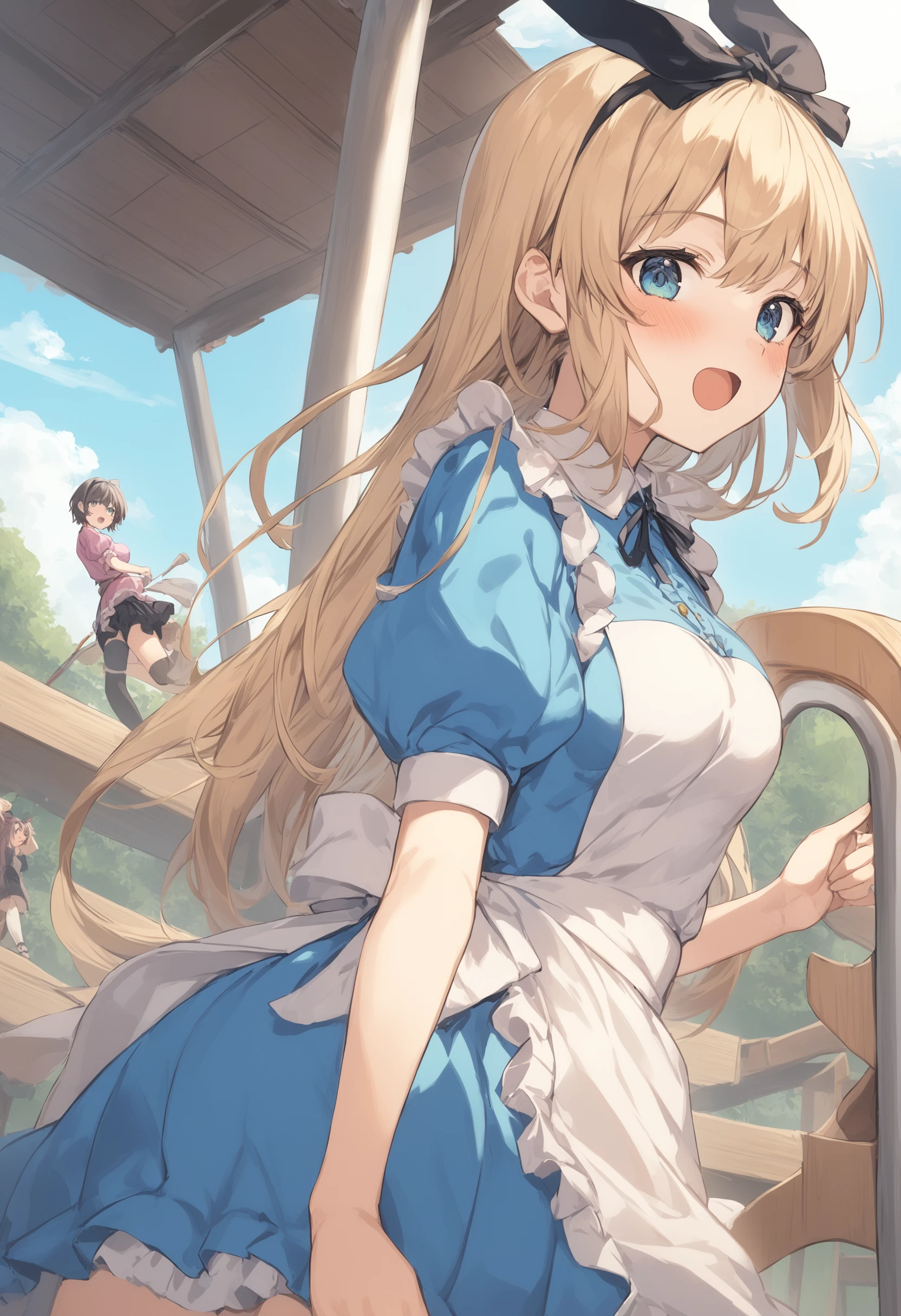 1girl, <lora:sdxl2-flat2-512b:-1>,medium breasts,solo,
<lora:alicecosXLv2:0.8>,alicecos,thighhighs,legwear,hair ribbon, blue dress,short sleeves, frills apron, puffy short sleeves,
from behind, upper body, looking at viewer, doyagao, playground, open mouth,
best quality,medium quality,