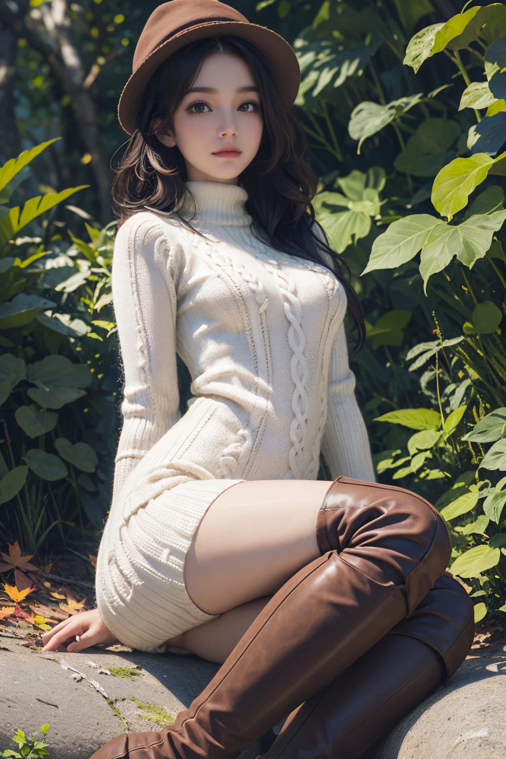 ( detailed realistic background:1),
( official art, beautiful and aesthetic:1 ),
realistic lighting,
cinematic lighting,
hyperrealism,
soothing tones,
muted colors,
high contrast,
soft light,
sharp,
artistic photoshoot,
( cute, petite ),
slender,
european,
pale cheeks,
square face shape with angular jaw,
natural "no-makeup" makeup,
big breasts,
,
brunette hair ,
textured straight ,
wearing (Knit_sweater_dress:1.5),(Over-the-knee_boots:1.4),(Felt_fedora_hat:1.3),(Autumn_foliage_background:1.4) ,
looking at viewer,